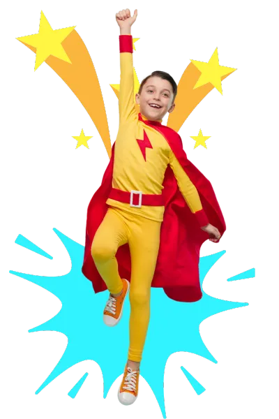 The image showcases a child dressed as a superhero, with a jubilant pose, set against a black background with a graphic blue burst and yellow stars around. The costume is a vibrant yellow with a red lightning bolt design on the chest, a red cape, and a red belt. The child is in mid-jump with one arm triumphantly raised, exuding energy and excitement. The red cape is flowing, enhancing the dynamic action of the pose. The child's expression is one of pure joy and confidence, embodying the heroic character they are dressed as.