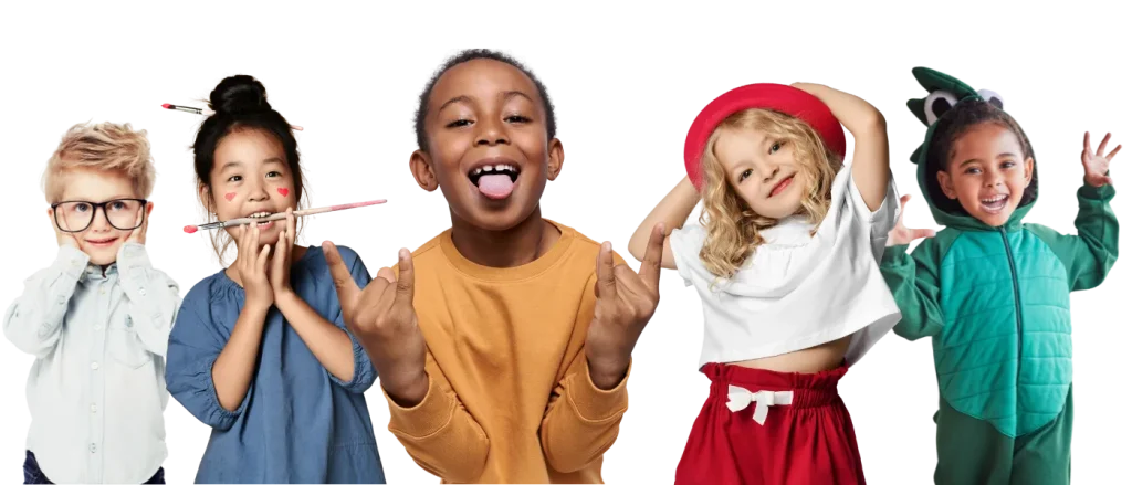 The image is a collage of five children, each showing different playful expressions and poses against a black background: 1. On the far left, a boy with stylish glasses and a light blue shirt is touching his glasses with both hands, looking smart and curious. 2. Next to him, a girl with her hair in a bun holds a pencil between her nose and upper lip, simulating a mustache, with small red hearts drawn on her cheeks. 3. The center child, a boy in a mustard-colored shirt, is sticking out his tongue and making the rock-and-roll hand gesture with both hands, displaying a joyful and cheeky attitude. 4. To his right, a girl wearing a red beret and a white top paired with a red skirt is tilting her head, with her hands on her hat, smiling sweetly. 5. Lastly, on the far right, a child is wearing a green dinosaur hoodie, with the hood up, making claw-like gestures with their hands, playfully roaring or greeting. Each child exudes personality and happiness, contributing to the lively and fun atmosphere of the image.