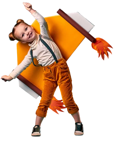 This image features a young child in a dynamic pose, as if bursting through a backdrop of orange and white panels. The child is wearing burnt orange corduroy pants and a cream-colored shirt with green suspenders. One hand is raised high in the air, while the other is stretched out to the side, creating a sense of movement and excitement. The child's facial expression is one of delight and enthusiasm. The hair is a light shade and styled in a way that suggests motion, possibly from the action of 'breaking through' the background. The child's footwear is a pair of dark sandals with socks. The overall effect is playful and energetic, possibly part of a creative advertisement or a fun photoshoot concept.