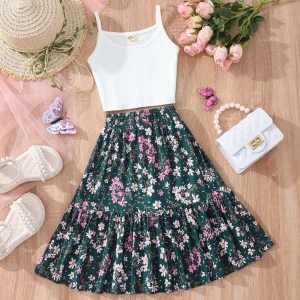 Cami Tops & Flowers Ruffled Hem Skirt Set